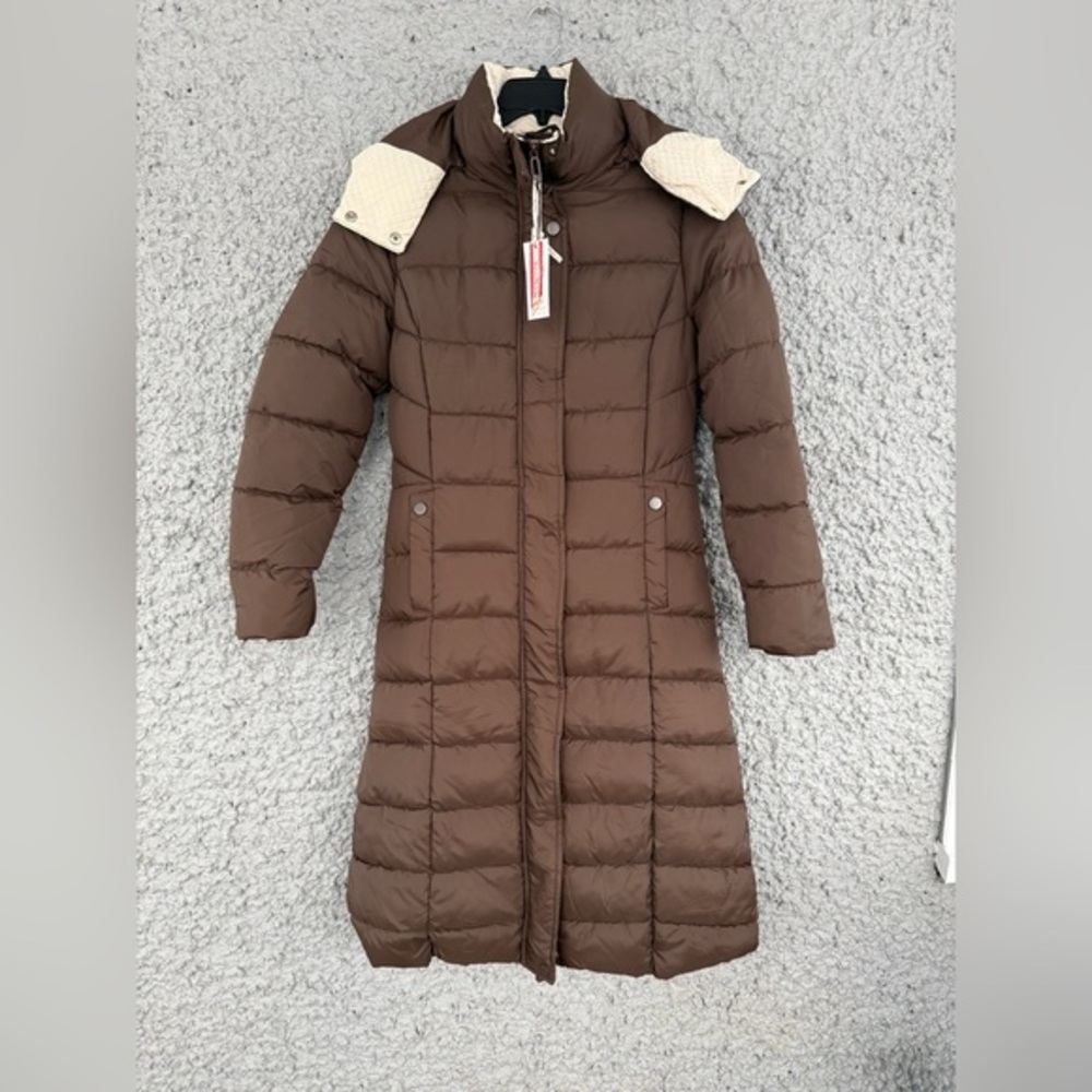 Red Marine‎ Long Puffer Coat Brown Faux Fur Lined Quilted Snap Zip